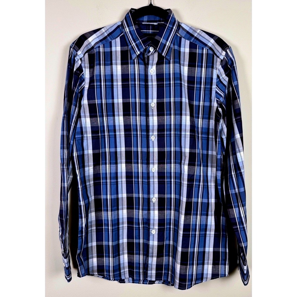 Ermenegildo Zegna Mens Blue Plaid Long Sleeve Button Down Shirt Size S